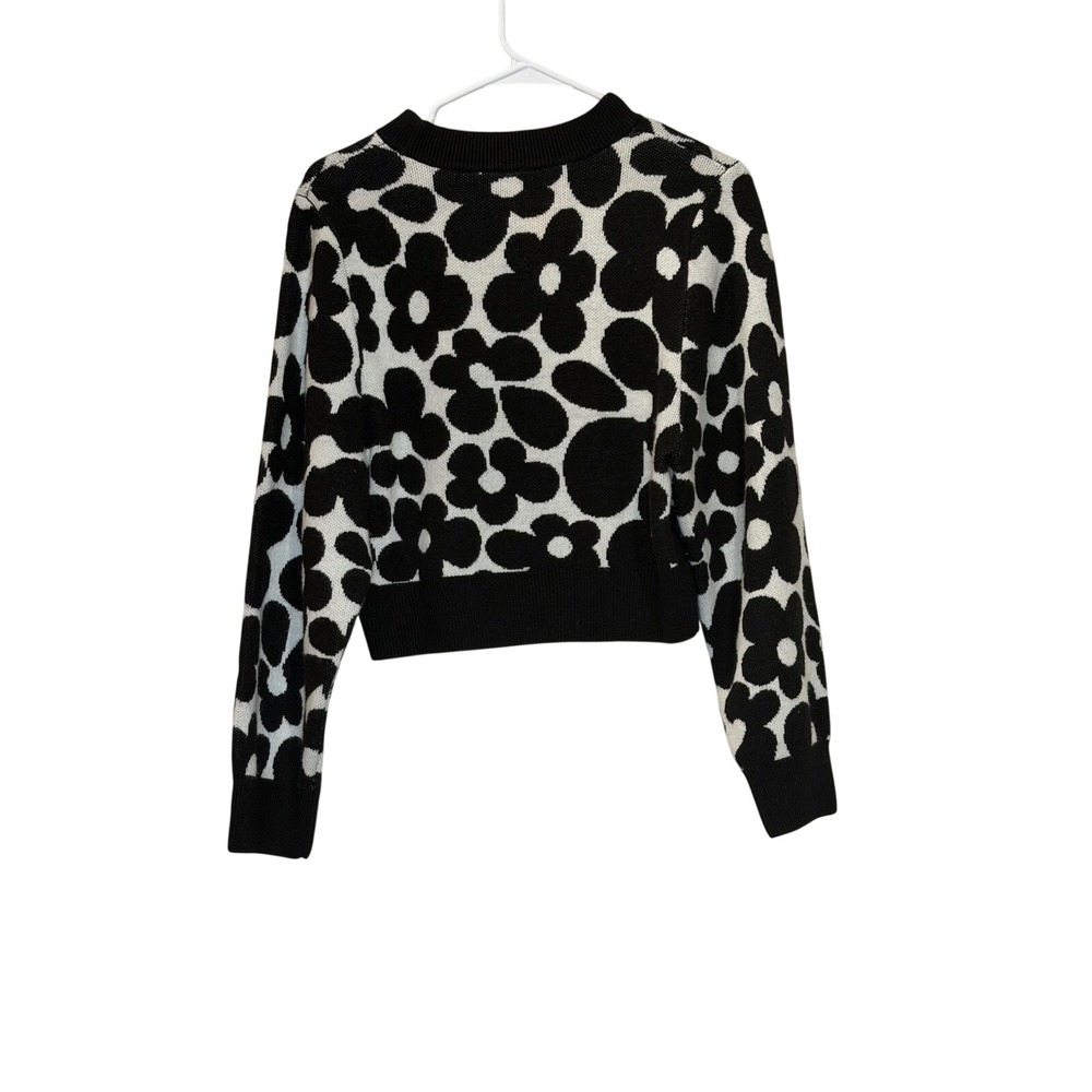 Black& White Floral Daisy Print Retro Cropped Crewneck Sweater Long Sleeve Knit